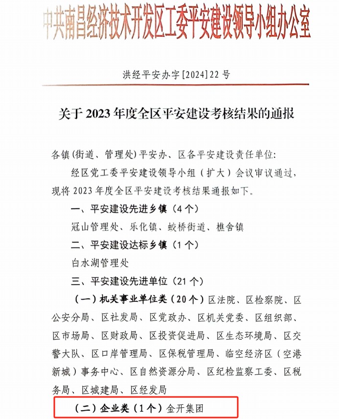 喜报！乐鱼(中国)荣获2023年度全区平安建设先进单位